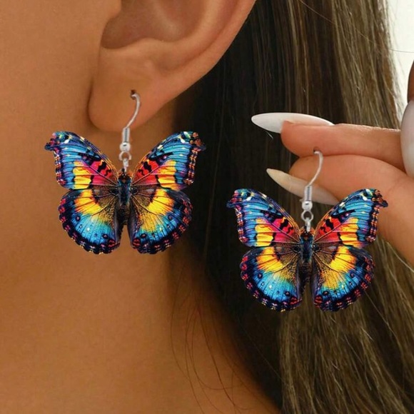 Blue and Yellow Butterfly Acrylic Earrings - Picture 2 of 3